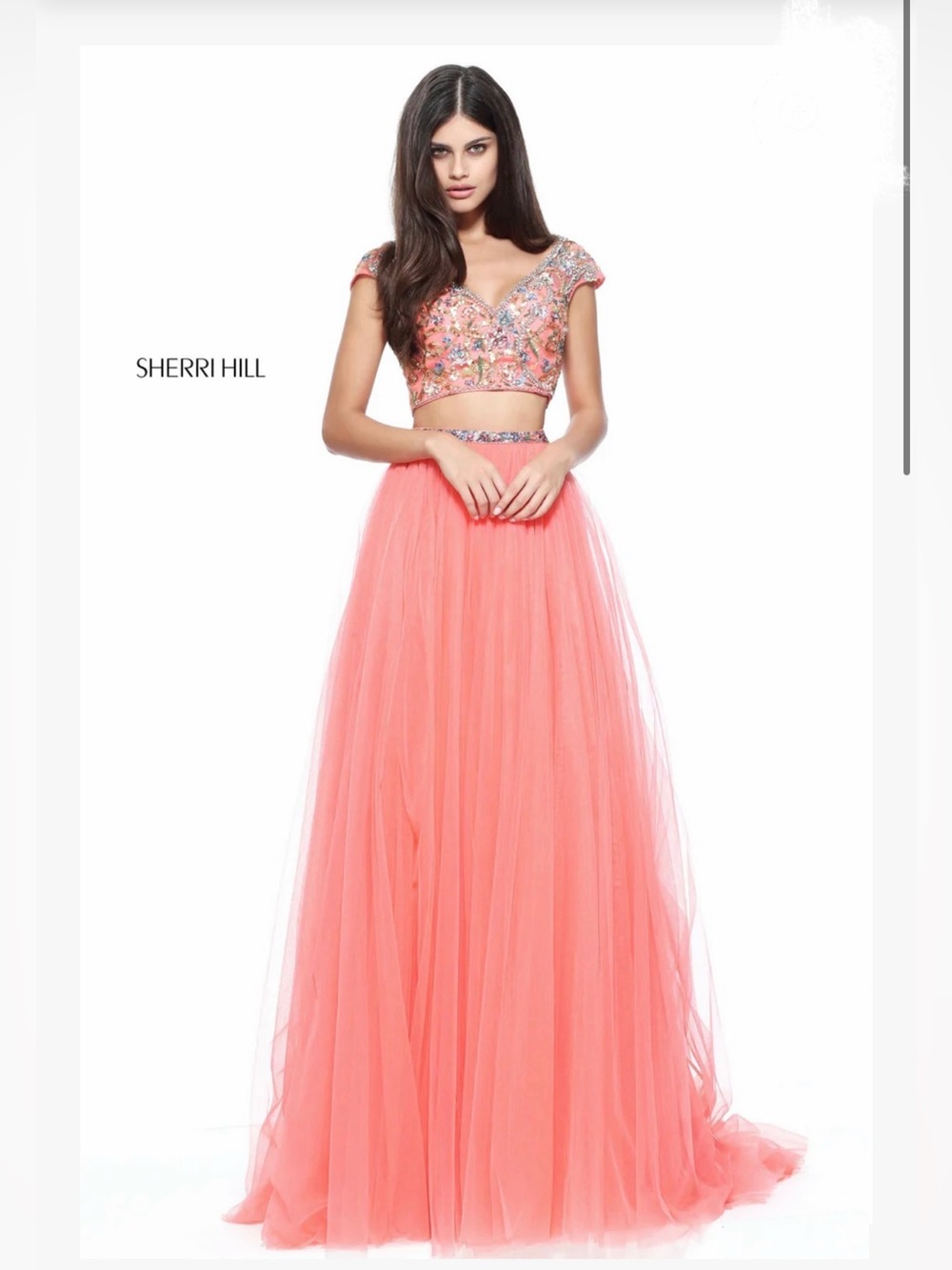 NWT $650 Sherri Hill Coral Embellished Crop Top Two-Piece Prom Gown Dress Set